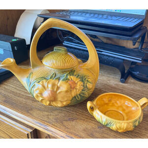 Vintage Roseville Pottery Sienna Peony Tea Pot with Lid And Sugar Bowl Set